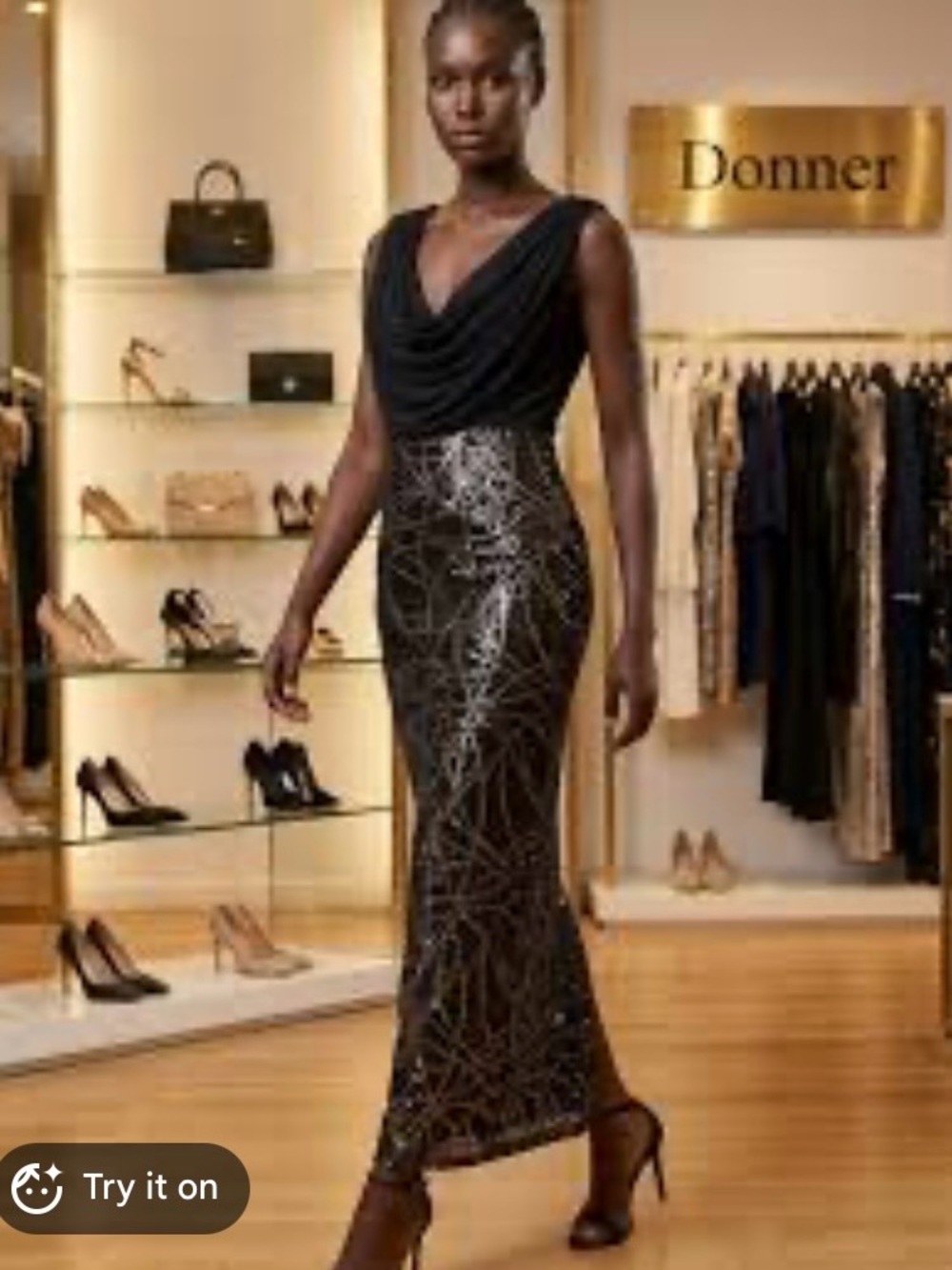 Tadashi Shoji Black Maxi Dress with Silver Sequin Web